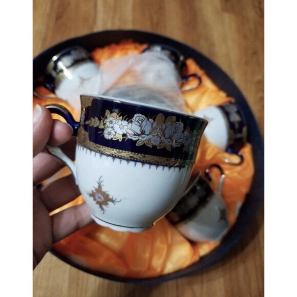 12 PCs  Vintage Czech Republic MZ Cobalt Blue 24 K Gold Plated Porcelain Tea Set